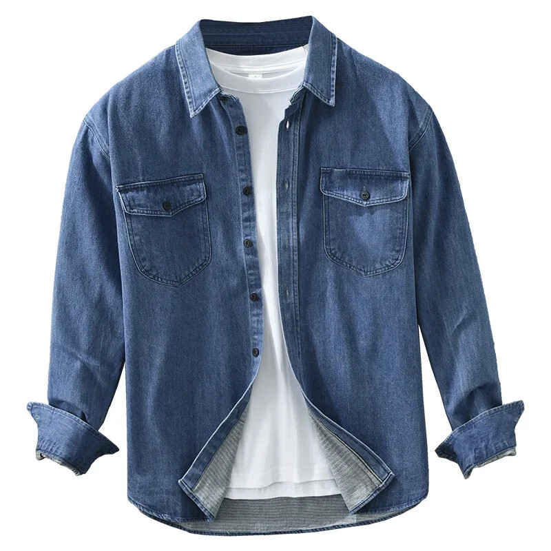 Moderns japāņu stila džinsa krekls ar garām piedurknēm vīriešiem Moderns, daudzpusīgs ikdienišķs māksliniecisks brīvs piegriezuma augšējais viengabala modelis