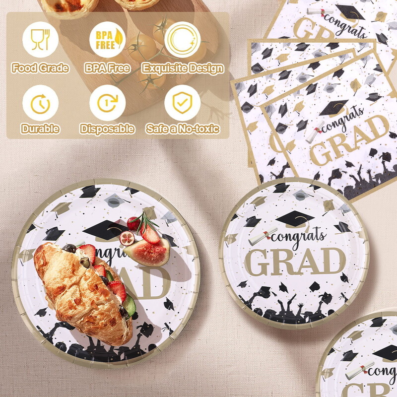 16 vnt. baigimo vakarėlio vienkartiniai stalo reikmenys balti juodi vienkartiniai lėkštės puodeliai servetėlės baigimo vakarėlio reikmenys