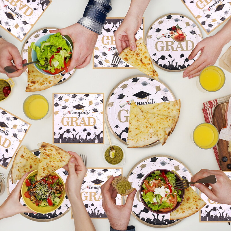 16 vnt. baigimo vakarėlio vienkartiniai stalo reikmenys balti juodi vienkartiniai lėkštės puodeliai servetėlės baigimo vakarėlio reikmenys