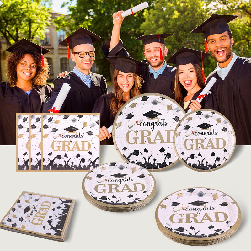 16 vnt. baigimo vakarėlio vienkartiniai stalo reikmenys balti juodi vienkartiniai lėkštės puodeliai servetėlės baigimo vakarėlio reikmenys