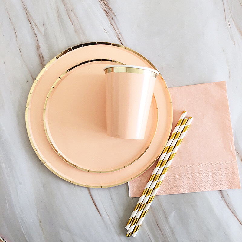 Kuldfoolium roosa Sünnipäevapeo kujundusega kooginõu Ühekordsed lauanõud Peotarbed Pabertaldrikutass Baby Shower