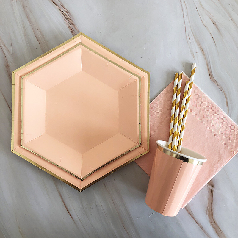 Kuldfoolium roosa Sünnipäevapeo kujundusega kooginõu Ühekordsed lauanõud Peotarbed Pabertaldrikutass Baby Shower