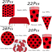 Boružėlės vakarėlio reikmenys Lėkštės Puodeliai Servetėlės Balionai Stalo reikmenų rinkinys Gimtadienio papuošalai Juodi raudoni taškeliai vaikiškas dušas