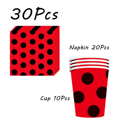 Boružėlės vakarėlio reikmenys Lėkštės Puodeliai Servetėlės Balionai Stalo reikmenų rinkinys Gimtadienio papuošalai Juodi raudoni taškeliai vaikiškas dušas