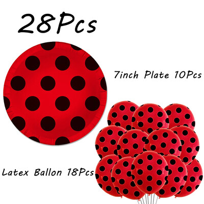 Boružėlės vakarėlio reikmenys Lėkštės Puodeliai Servetėlės Balionai Stalo reikmenų rinkinys Gimtadienio papuošalai Juodi raudoni taškeliai vaikiškas dušas
