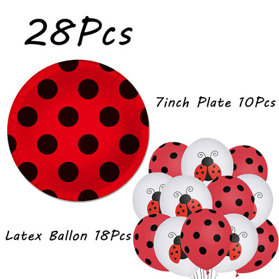 Boružėlės vakarėlio reikmenys Lėkštės Puodeliai Servetėlės Balionai Stalo reikmenų rinkinys Gimtadienio papuošalai Juodi raudoni taškeliai vaikiškas dušas