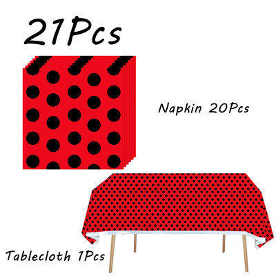 Boružėlės vakarėlio reikmenys Lėkštės Puodeliai Servetėlės Balionai Stalo reikmenų rinkinys Gimtadienio papuošalai Juodi raudoni taškeliai vaikiškas dušas