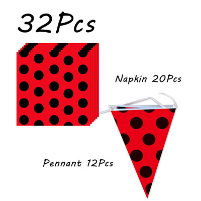 Boružėlės vakarėlio reikmenys Lėkštės Puodeliai Servetėlės Balionai Stalo reikmenų rinkinys Gimtadienio papuošalai Juodi raudoni taškeliai vaikiškas dušas