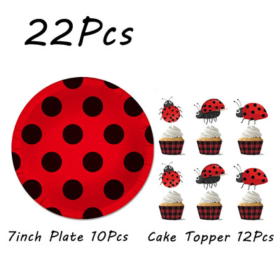 Boružėlės vakarėlio reikmenys Lėkštės Puodeliai Servetėlės Balionai Stalo reikmenų rinkinys Gimtadienio papuošalai Juodi raudoni taškeliai vaikiškas dušas