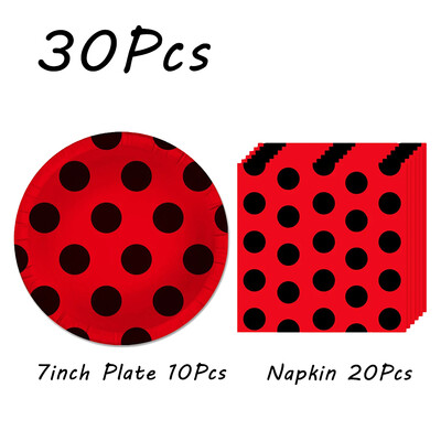 Boružėlės vakarėlio reikmenys Lėkštės Puodeliai Servetėlės Balionai Stalo reikmenų rinkinys Gimtadienio papuošalai Juodi raudoni taškeliai vaikiškas dušas