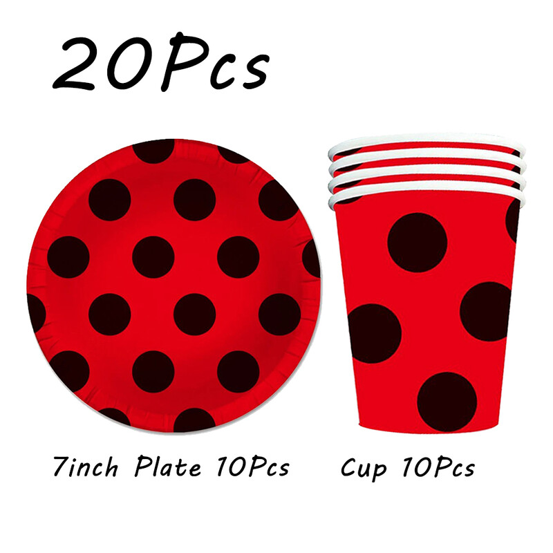 Boružėlės vakarėlio reikmenys Lėkštės Puodeliai Servetėlės Balionai Stalo reikmenų rinkinys Gimtadienio papuošalai Juodi raudoni taškeliai vaikiškas dušas