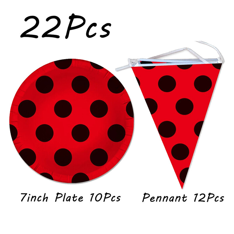 Boružėlės vakarėlio reikmenys Lėkštės Puodeliai Servetėlės Balionai Stalo reikmenų rinkinys Gimtadienio papuošalai Juodi raudoni taškeliai vaikiškas dušas