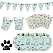 Šunų tematikos gimtadienio vakarėlio reikmenys Šuns formos vakarienės lėkštės, puodeliai, servetėlės Šunų tematikos vakarėlio indų rinkinys