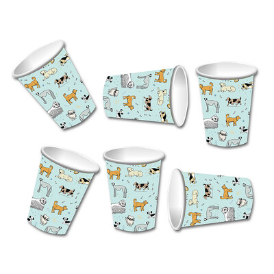 Šunų tematikos gimtadienio vakarėlio reikmenys Šuns formos vakarienės lėkštės, puodeliai, servetėlės Šunų tematikos vakarėlio indų rinkinys