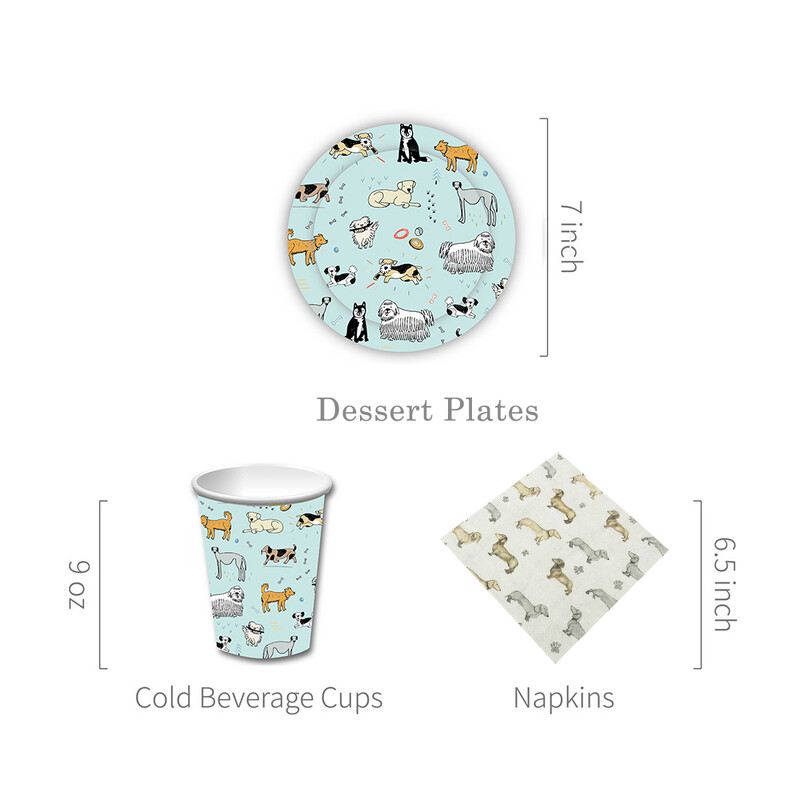 Šunų tematikos gimtadienio vakarėlio reikmenys Šuns formos vakarienės lėkštės, puodeliai, servetėlės Šunų tematikos vakarėlio indų rinkinys