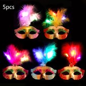 5 τμχ Halloween LED Light Up Feather Mask Gold Laning Plated Masquerade Mardi Gras Glow in the Dark Party