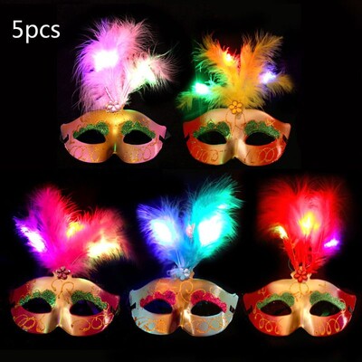 5 τμχ Halloween LED Light Up Feather Mask Gold Laning Plated Masquerade Mardi Gras Glow in the Dark Party