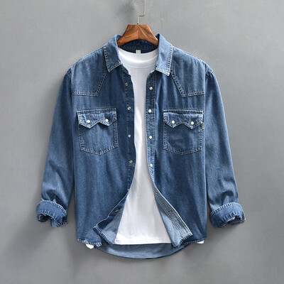 Νέα ανδρικά μακρυμάνικα τζιν πουκάμισα Νεανική μόδα Streetwear τσέπες ρεβέρ Φαρδιά μπλε τζιν πουκάμισο 4XL Ανοιξιάτικα φθινοπωρινά ανδρικά ρούχα