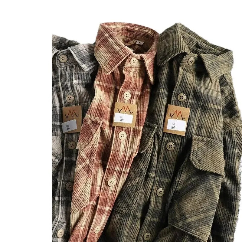 Vintage vīriešu rūtains krekls ar garām piedurknēm Amerikāņu stila ērts māksliniecisks moderns velveta mazgāšanas krekls pavasarim un rudenim