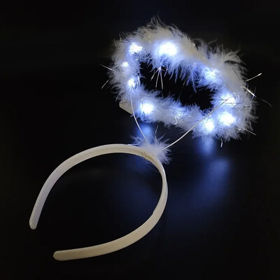 Meitenes sievietes baltas Ziemassvētku spalvas iedegas eņģeļa oreola gredzeni galvas saite LED kronis Festivāla svētku ballīte Halovīni Cosplay