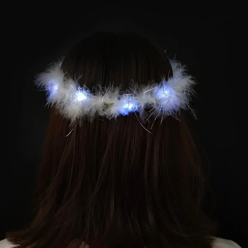 Meitenes sievietes baltas Ziemassvētku spalvas iedegas eņģeļa oreola gredzeni galvas saite LED kronis Festivāla svētku ballīte Halovīni Cosplay