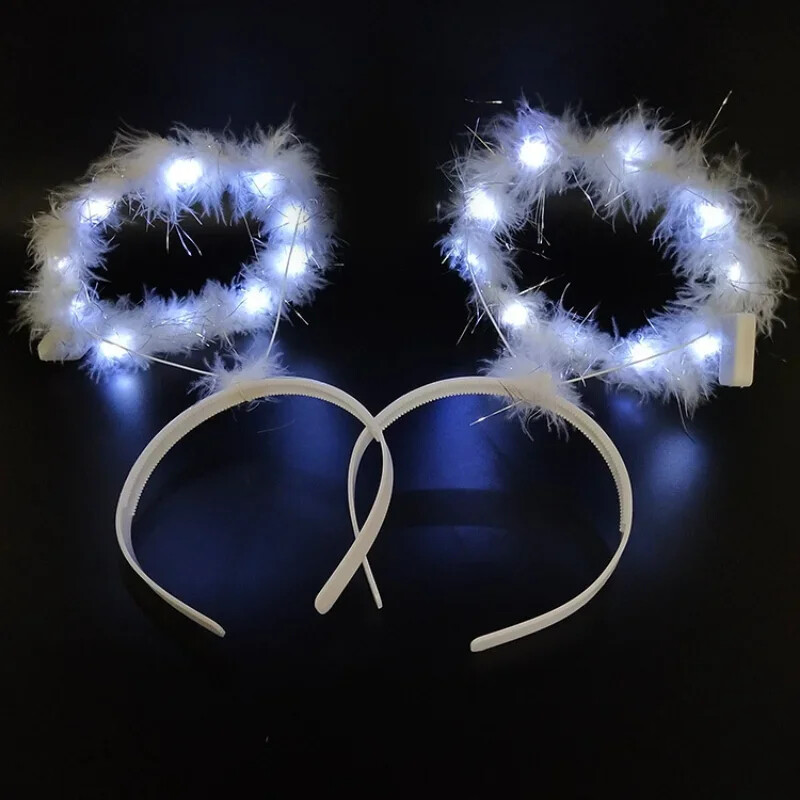 Meitenes sievietes baltas Ziemassvētku spalvas iedegas eņģeļa oreola gredzeni galvas saite LED kronis Festivāla svētku ballīte Halovīni Cosplay