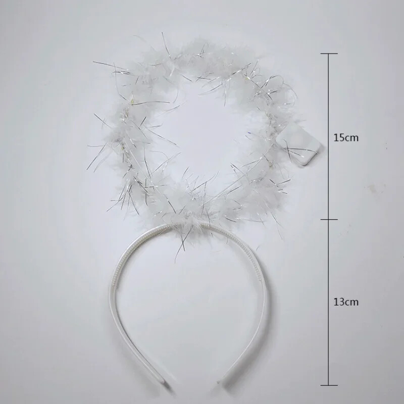 Meitenes sievietes baltas Ziemassvētku spalvas iedegas eņģeļa oreola gredzeni galvas saite LED kronis Festivāla svētku ballīte Halovīni Cosplay