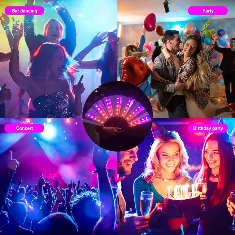 Neona apgaismojuma stienis, salokāms ar roku ventilators, deju priekšnesums Gaismas LED ventilatori kvēlojošs kung fu ķīniešu bambusa ventilators koncertu atbalsta rekvizīti