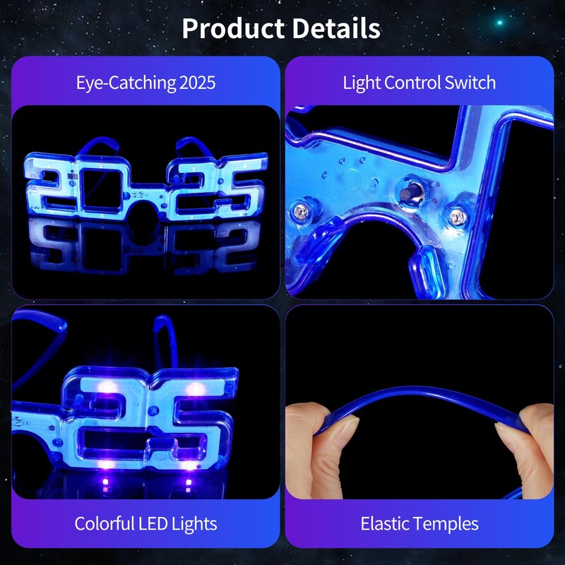 12 gab. 2025. gada apgaismojuma brilles 2025. gada LED ballīšu brilles Neona ballīšu brilles 3 mirgošanas režīmi Jaungada izlaiduma svinībām