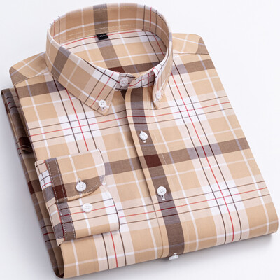 Ανδρικό, ευέλικτο, μαλακό μοντάλ βαμβακερό καρό πουκάμισο, μακρυμάνικο, άνετο ριγέ καρό πουκάμισο με κουμπιά