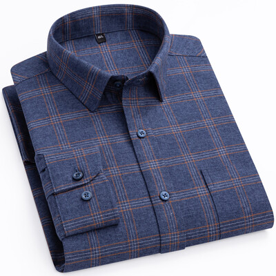 Vīriešu flaneļa garām piedurknēm augstākās kvalitātes smags kokvilnas krekls Anglijas stila ikdienišķs standarta piegriezuma rūtaini svītraini biezi, mīksti matēti krekli