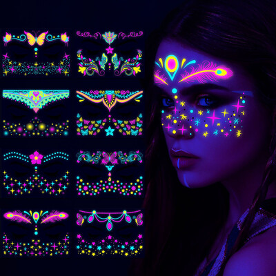 8 tk / komplekt Butterfly Tattoo kleebiste pidu ööklubi fluorestseeruv näo kleebisriba veekindel UV helendav neoontätoveering muusikafestival