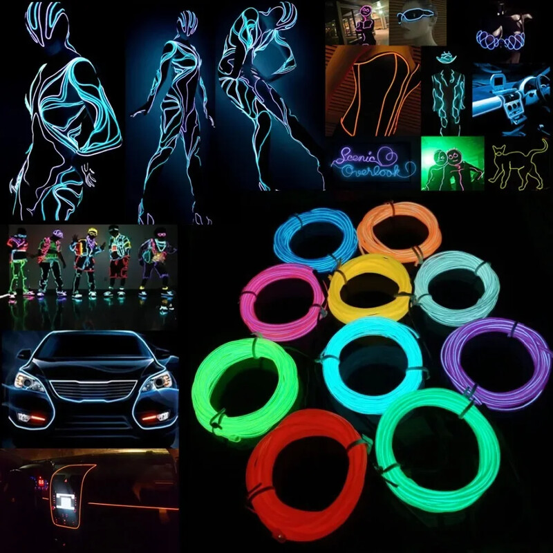 Švytintis EL Wire Cable LED Neoninis kalėdinis šokių vakarėlis „pasidaryk pats“ Kostiumai Drabužiai Šviečianti automobilio šviesa Dekoracija Drabužiai Ball Rave 1m/3m/5m