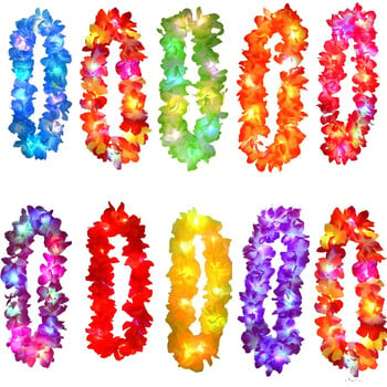 Жени Момиче Hawaii Light Up Flower Lei Колие Hula Garland Wedding Wedding Hawaiian Costume Tropical Luau Glow Party Halloween