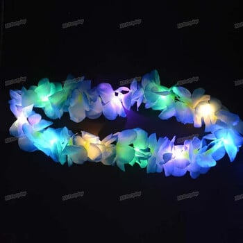 Жени Момиче Hawaii Light Up Flower Lei Колие Hula Garland Wedding Wedding Hawaiian Costume Tropical Luau Glow Party Halloween