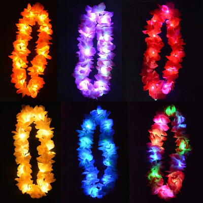 Жени Момиче Hawaii Light Up Flower Lei Колие Hula Garland Wedding Wedding Hawaiian Costume Tropical Luau Glow Party Halloween