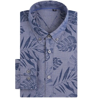 Vīriešu garās piedurknes havajiešu krekli ar ziedu apdruku, brīvdienu pludmales krekls standarta piegriezumam, tīras kokvilnas ikdienas krekls ar ziedu pogām
