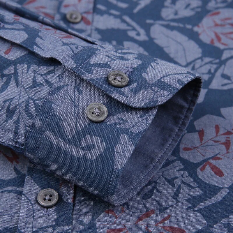 Vīriešu garās piedurknes havajiešu krekli ar ziedu apdruku, brīvdienu pludmales krekls standarta piegriezumam, tīras kokvilnas ikdienas krekls ar ziedu pogām