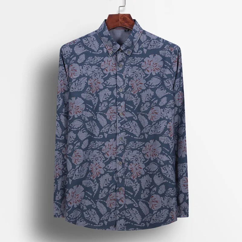 Vīriešu garās piedurknes havajiešu krekli ar ziedu apdruku, brīvdienu pludmales krekls standarta piegriezumam, tīras kokvilnas ikdienas krekls ar ziedu pogām