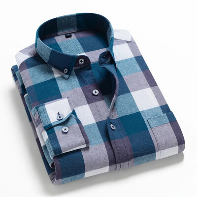 Cămăși cu mânecă lungă din flanel periat în carouri pentru bărbați, cu un singur buzunar, confortabile, casual, din bumbac, la modă, cămăși cu buton, slim fit, îmbrăcăminte