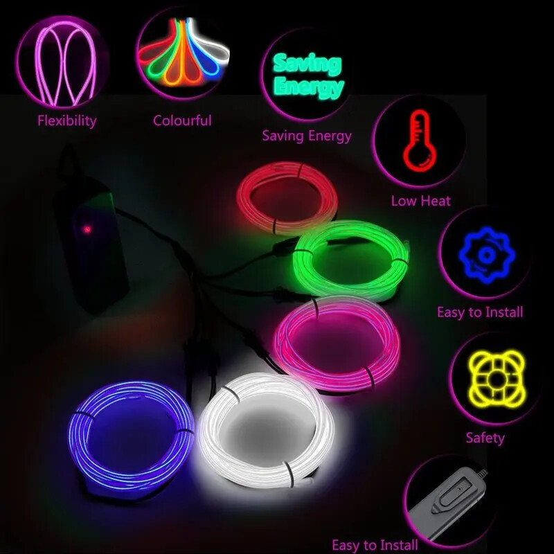 Glow EL Wire Rope lente Kabeļu sloksne LED Neona gaismas Elastīga Kabeļa ballīte DIY Apavi Apģērbi Auto ūdensizturīgs led sloksne 1m 3m 5M 3V