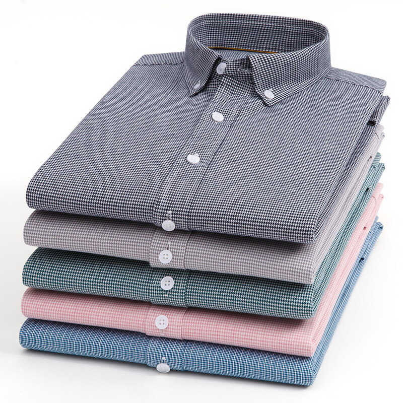 Μόδα υψηλής ποιότητας 100% βαμβακερά casual μακρυμάνικα πουκάμισα για άνδρες slim fit επίσημο απλό πουκάμισο houndstooth καρό top Ροζ ρούχα