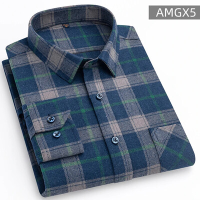 Cămăși pentru bărbați 100% bumbac periat cu mânecă lungă în carouri în carouri, cu un singur buzunar, moale, confortabile, ocazional, la modă, cămăși cu nasturi, cu potrivire standard