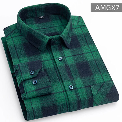 Cămăși pentru bărbați 100% bumbac periat cu mânecă lungă în carouri în carouri, cu un singur buzunar, moale, confortabile, ocazional, la modă, cămăși cu nasturi, cu potrivire standard