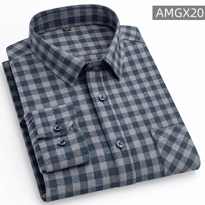 Cămăși pentru bărbați 100% bumbac periat cu mânecă lungă în carouri în carouri, cu un singur buzunar, moale, confortabile, ocazional, la modă, cămăși cu nasturi, cu potrivire standard