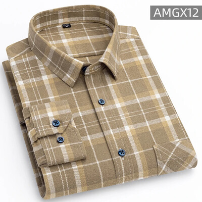 Cămăși pentru bărbați 100% bumbac periat cu mânecă lungă în carouri în carouri, cu un singur buzunar, moale, confortabile, ocazional, la modă, cămăși cu nasturi, cu potrivire standard