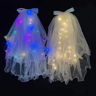 Светещ сватбен воал LED светлина Bowknot Перлен воал Светещ в тъмното парти Favor Wedding Birthday Party Cosplay Аксесоари за коса