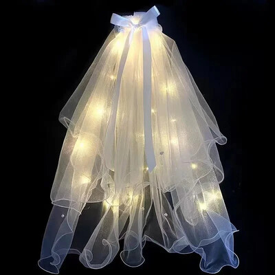 Švytintis Vestuvinis Šydas LED šviesus Bowknot Pearl Veil Švytintis tamsoje Vakarėlis Vestuvių gimtadienio vakarėlis Cosplay plaukų aksesuarai