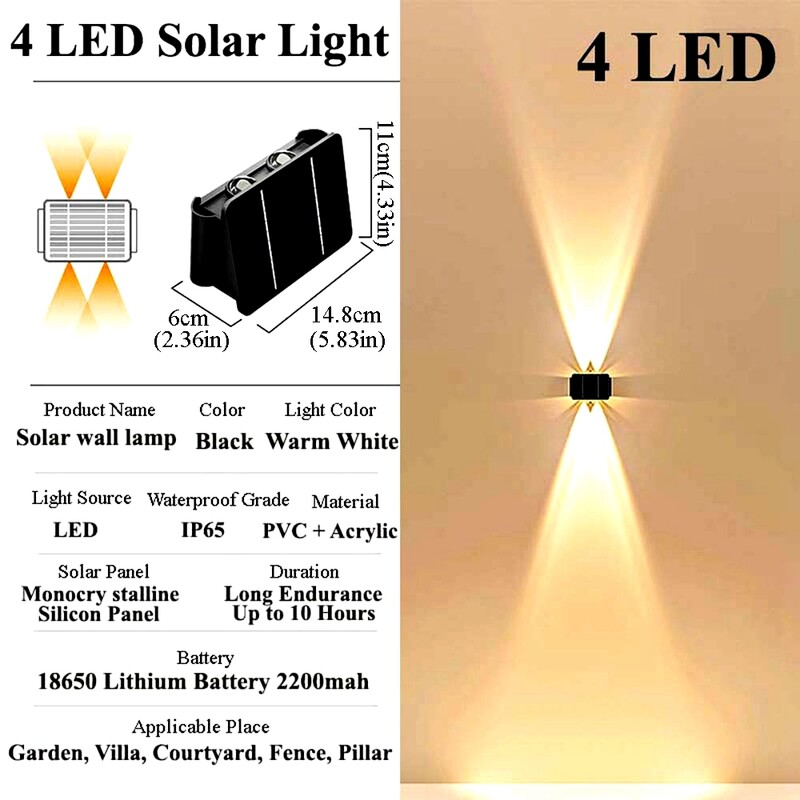 Saules sienas gaismas āra dārza apgaismojums Ārējais saules enerģijas LED āra lampas sienas lampas pagalma un dārza dekori.