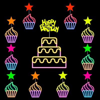 Glow in the Dark Happy Birthday Cake Toppper Neoon Peotarvikud Fluorestseeruv helendav koogikaunistus Vajad UV-valgust